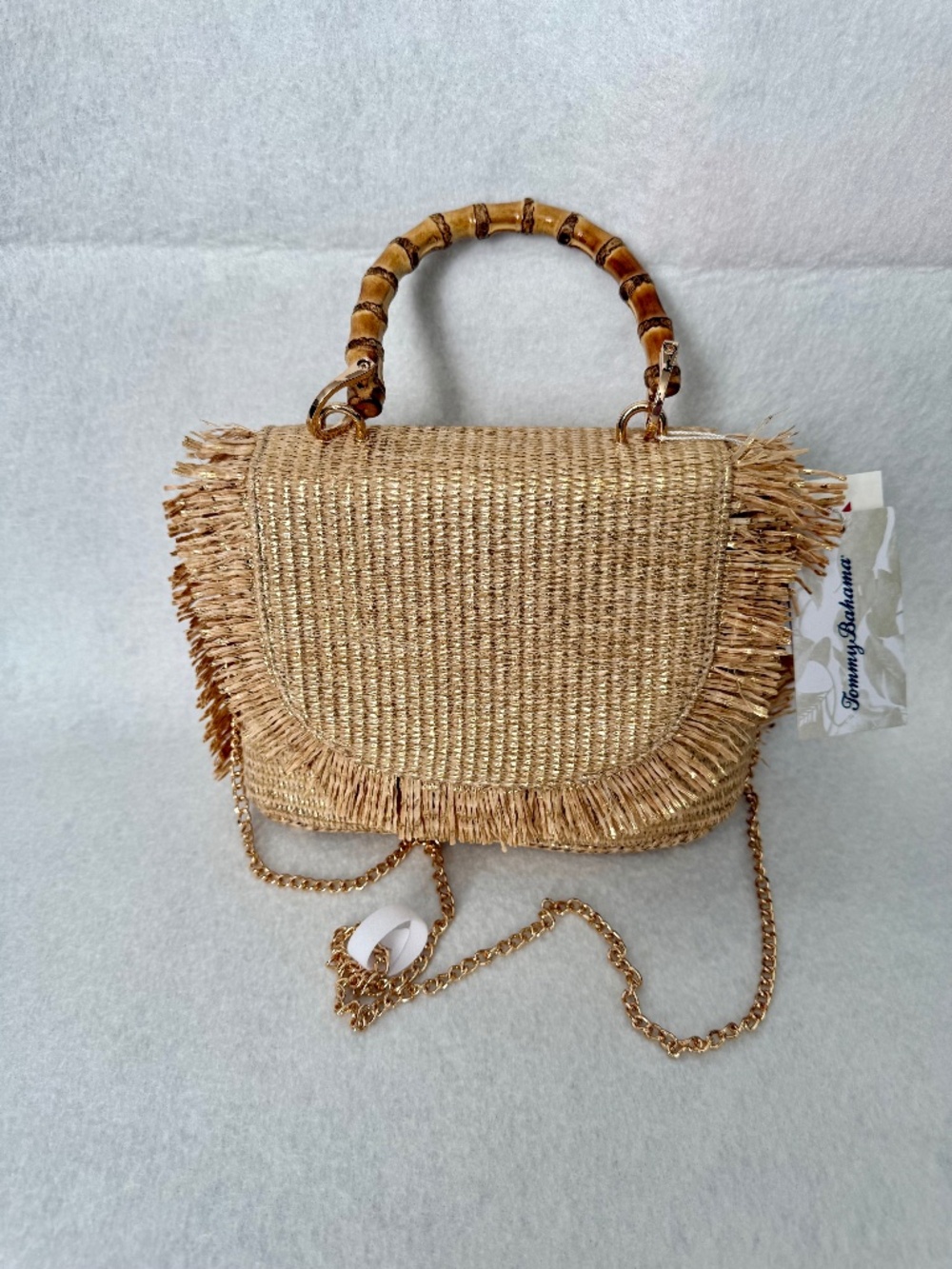 NWT Tommy Bahama Woven Straw Handbag w/ Fringe and Bamboo Handles